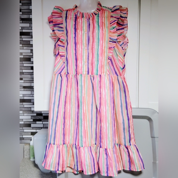 Joy Joy Ruffle Cinched Wasit Rainbow Striped dress Sz-L - Picture 2 of 6